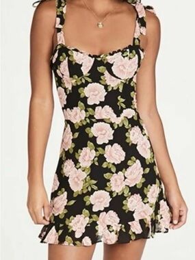 Reformation “Christine” Black Mini Dress with Pink Floral Print